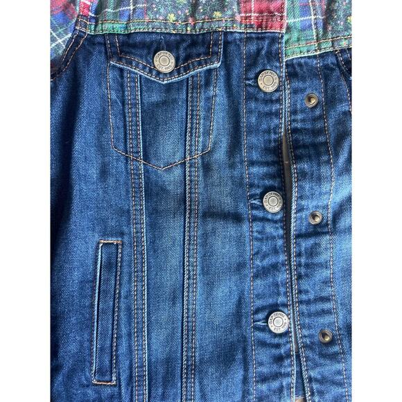 GAP Girls Patchwork Denim Jacket Size Medium Floral Plaid Button Up Jean Coat - Picture 5 of 9